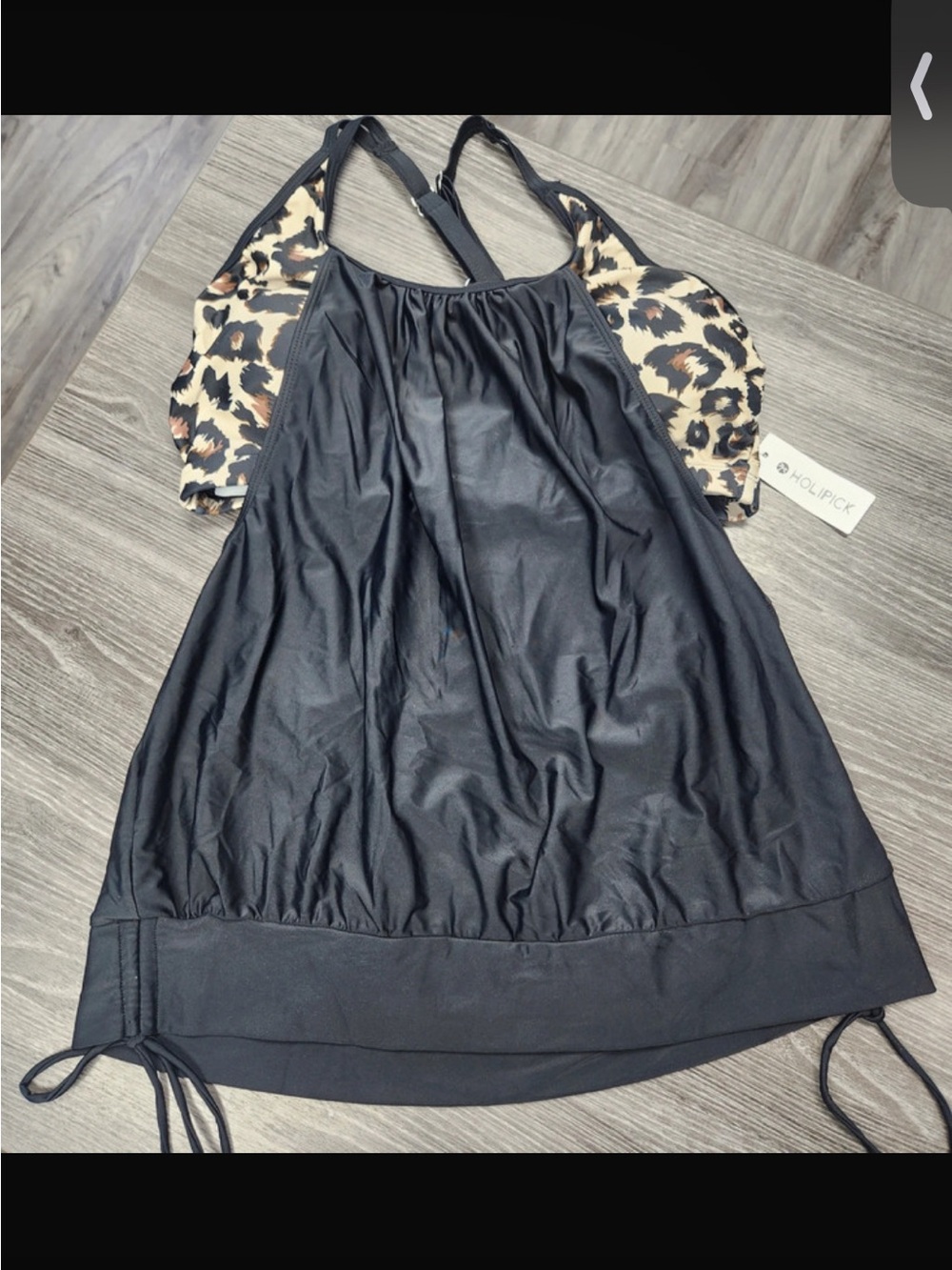 Black Tankini Top with Leopard Print Accent